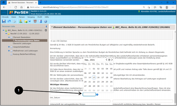 Screenshot der Seite "Personenbezogene Daten" im Bogen Element Basisdaten in PerSEH